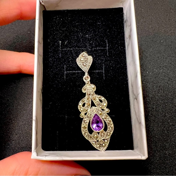 Vintage Sterling Silver Amethyst and Marcasite Dangling Pendant - Picture 1 of 6